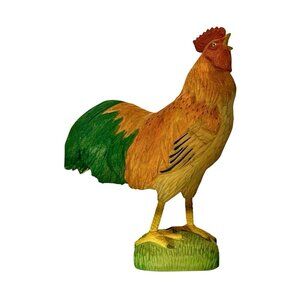 Rooster Sculpture Carved Wood Figurine with Glass Eyes Vintage Farmhouse Decor